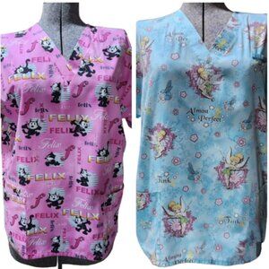 Scrub Nursing Top Lot of 2 Womens Med. Tinkerbell & Felix the Cat V Neck